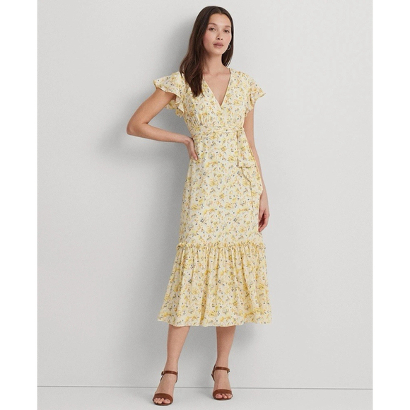 Lauren Ralph Lauren Dresses & Skirts - Lauren Ralph Women's Florals Georgette Flutter-Sleeve A-Line Dress Sz 14 Yellow
